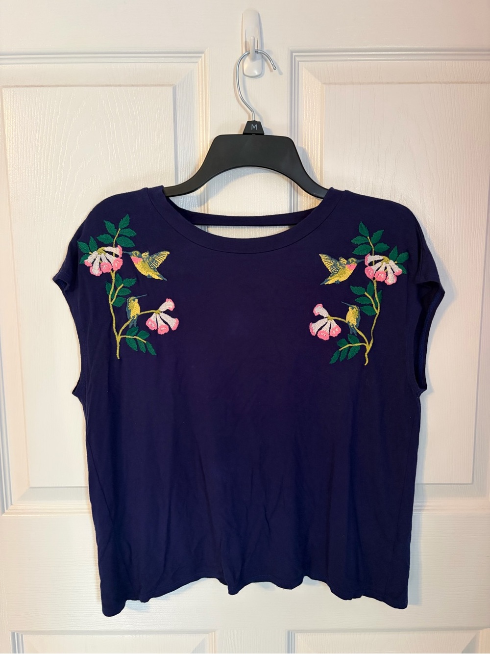 Embroidered Hummingbird Floral Navy Women's Tee